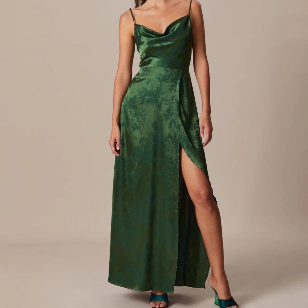 Rihoas Green Cowl Neck Jacquard Satin Maxi Dress
